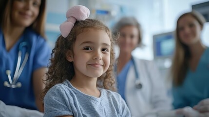 A child cancer patient receiving treatment in a pediatric oncology unit, surrounded by supportive staff