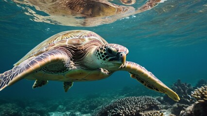 Obraz premium Sea Turtle Gliding Over Coral Reef in Crystal-Clear Sunlit Water