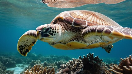 Fototapeta premium Sea Turtle Gliding Over Coral Reef in Crystal-Clear Sunlit Water