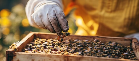 A beekeeper's gloved hand gently lifts bees from a hive frame filled with busy honeybees.