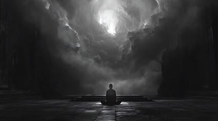 Solitary figure meditating beneath a swirling vortex of clouds, grayscale image.