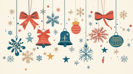 Modern graphic with Happy Holidays and icons of snowflakes and bells 