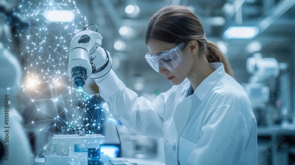 Poster female engineer in a lab coat operates a robotic arm connected to a digital network.