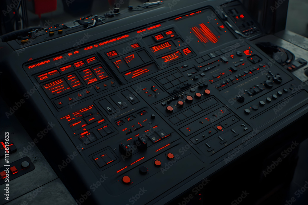 Poster futuristic control panel with illuminated buttons and displays.