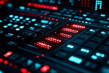 Futuristic control panel with glowing red and blue lights.