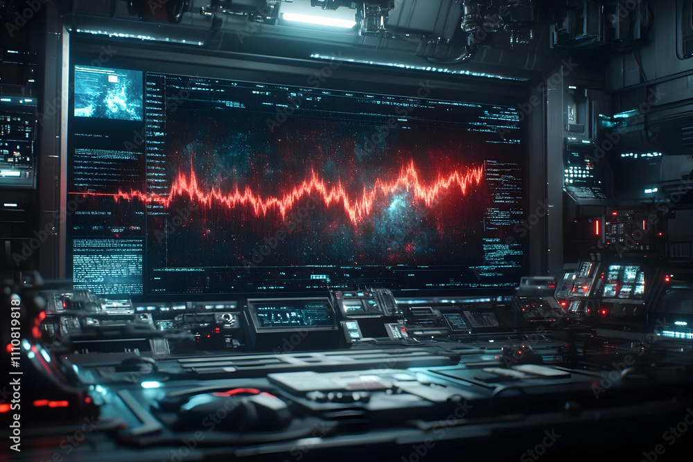Poster futuristic control room with red stock market graph displayed on a large monitor.