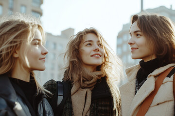 Fototapeta premium Girl friends having fun on city street having fun,Different females laughing together outside, Life style and friendship concept.