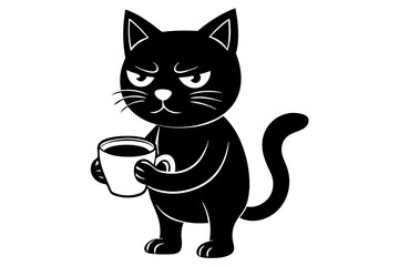 Angry cartoon black cat with cup of coffee vector illustration 