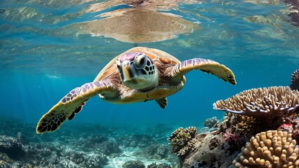 Obraz premium Sea Turtle Gliding Over Coral Reef in Crystal-Clear Sunlit Water