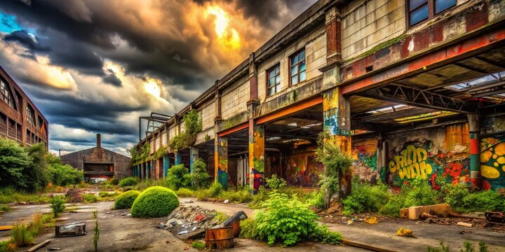 Urban Exploration Photography of an Abandoned Warehouse with Cheetoh-colored Graffiti and Urban Decay, Capturing the Contrast of Nature and Urban Life in a Vibrant Cityscape