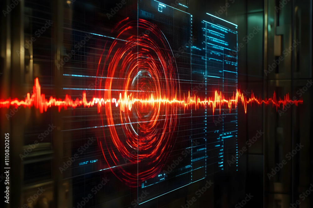 Poster futuristic digital display showing red waveform and circular data.