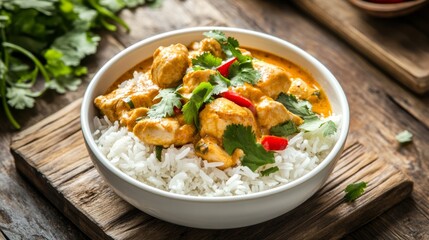 Photo of, A bowl of comforting chicken curry served with basmati rice, Curry in bowl