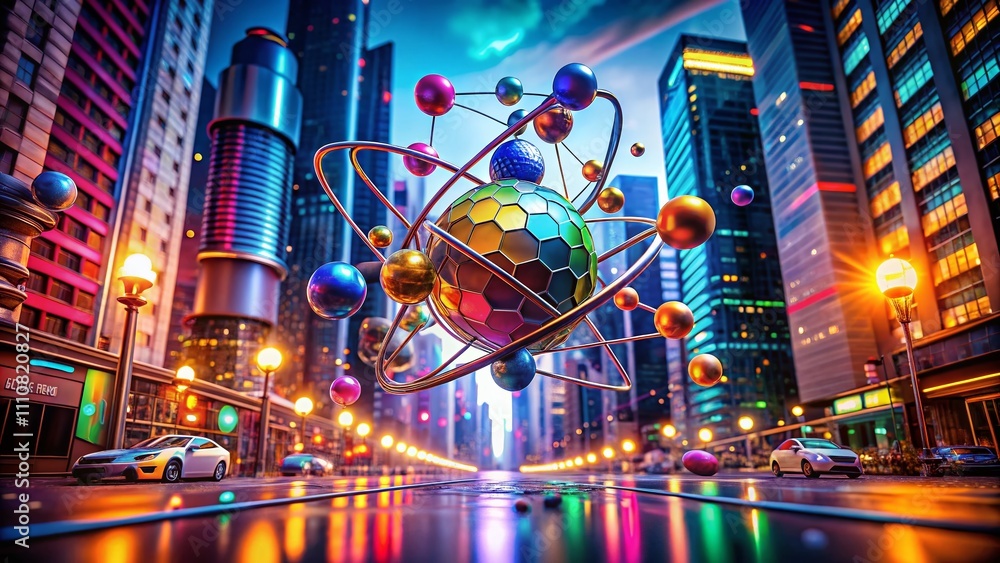 Aufkleber vibrant 3d rendering of an atom molecule in a futuristic urban setting, showcasing complex structure