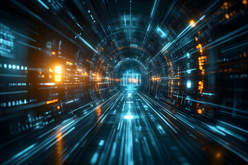 Futuristic digital tunnel with glowing lines and data streams.