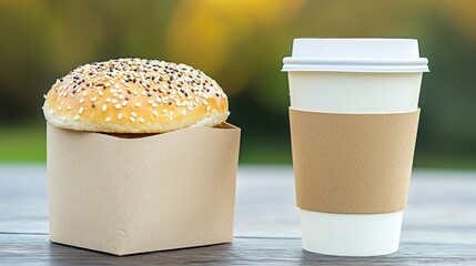 A delicious sandwich in a box alongside an eco-friendly coffee cup on a wooden table.