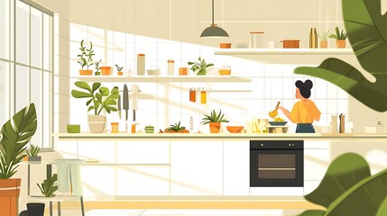 Woman Cooking in a Bright Sunny Kitchen