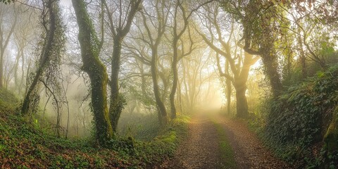 Naklejka premium A winding forest road disappearing into misty depths, ancient trees on both sides, vibrant greenery, golden light breaking through the foggy air