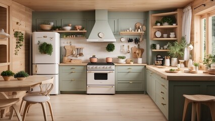 Fototapeta premium Cottagecore-inspired kitchen with hidden smart appliances and a voice-controlled recipe assistant.