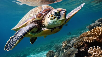 Fototapeta premium Sea Turtle Gliding Over Coral Reef in Crystal-Clear Sunlit Water
