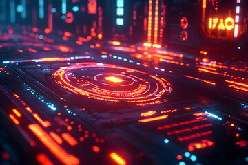 Futuristic glowing red and blue circuit board.
