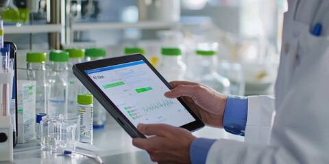 A research scientist uses a tablet to view medical data graphs and patient information, conducting analysis to assist with a clinical diagnosis and treatment plan.