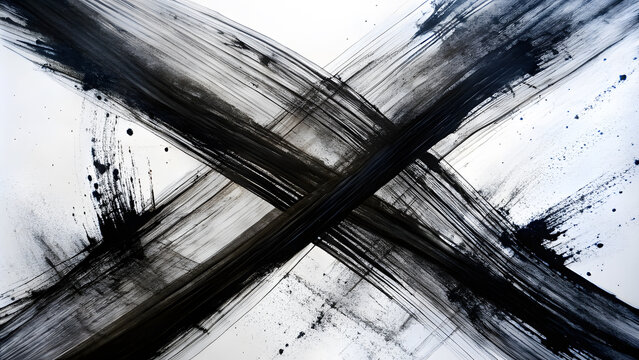 Abstract Black Ink Streaks on White Canvas. Perfect for: Modern art galleries, Monochrome themes, Minimalist branding