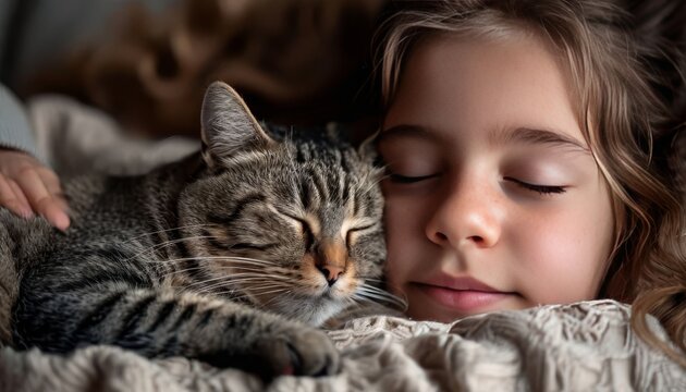 A sleepy domestic gray cat lies on the bed, against the blurred background of a sleeping young woman. - Powered by Adobe