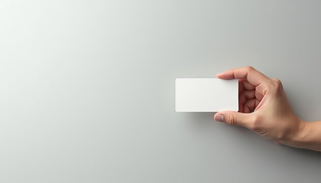 Hand presenting blank white card against gray backdrop with ample copy space