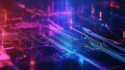 Modern tech background featuring digital circuits and modern glowing neon light effect, futuristic vortex and stained neon blue color cube technology background, Futuristic abstract technology.