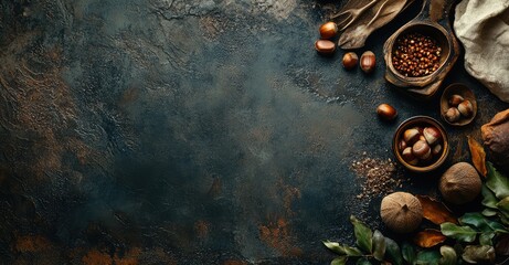 Chestnuts cooking ingredients on rustic background. AI generated illustration.