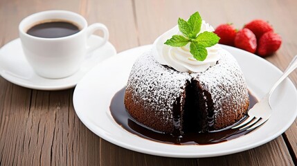 Decadent chocolate dessert with whipped cream, mint, and fresh strawberries, paired with a cup of coffee.