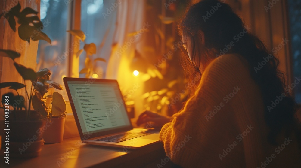 Poster woman coding on laptop by window at night.