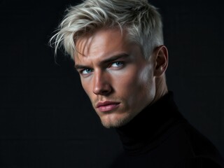 Fototapeta premium Portrait of a Man with Platinum Blonde Hair and Black Turtleneck