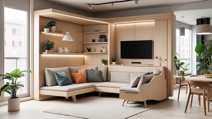 Fototapeta premium Small apartment with foldable tech-integrated furniture and touch-controlled multi-purpose walls.