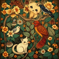 Serene Nature Scene with Cats and Birds