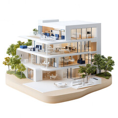Fototapeta premium Modern Architectural Design CGI Model Building with Flat Roof & Balconies in Luxurious Landscape Context