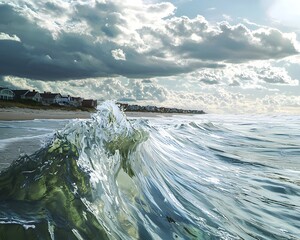 Obraz premium The Tech-Infused Shoreline: Real Waves Crashing into Digital Currents