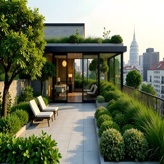 Modern, ecological, green home. Terrace, a place for rest in the urban space. Urban greenery, urban ecology