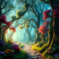 Enchanted Forest Path at Sunset