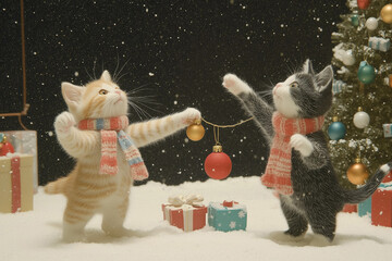 A playful Christmas scene featuring two kittens wearing colorful scarves, reaching for red and gold ornaments in a snowy setting. With a decorated Christmas tree, wrapped gifts