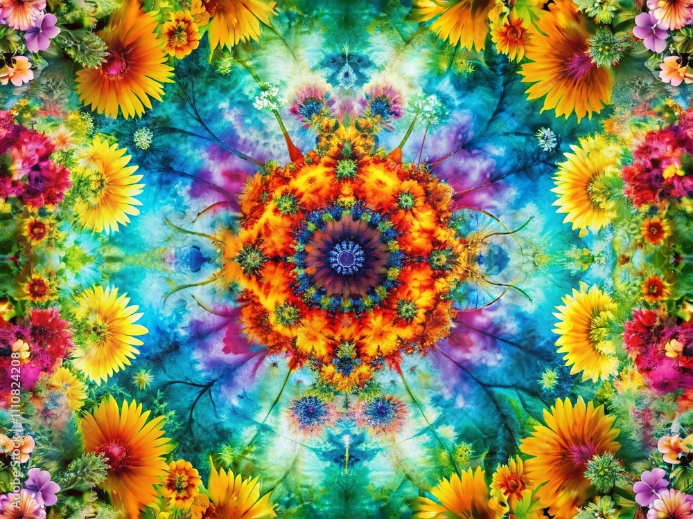 Poster vibrant double exposure tie dye patterns blending with nature for creative background use in digital