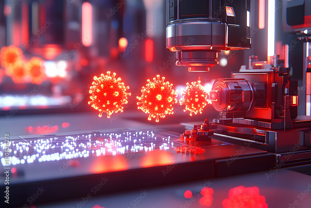 Poster futuristic microscopic view of virus analysis using advanced technology.