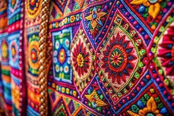Fototapeta premium Vibrant Ethnic Patterns in High Depth of Field for Textiles and Home Decor, Showcasing Cultural Diversity and Unique Designs for Creative Projects and Fashion Applications