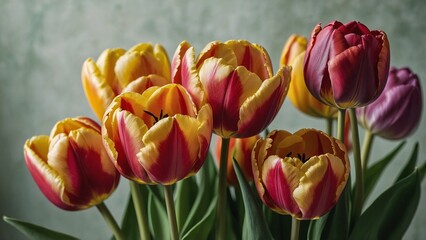 Red and yellow tulip flowers on a simple gray background