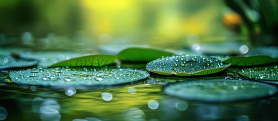 Close-up of dew drops on lily pads in a pond with a soft focus background.
