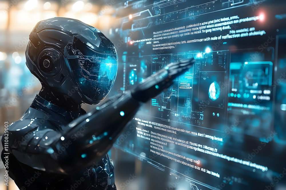 Poster futuristic robot interacting with holographic interface.
