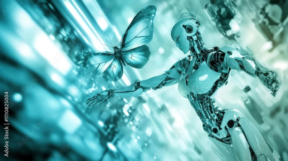 Poster futuristic robot interacting with digital butterfly in a cybernetic environment
