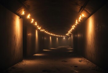 A dimly lit tunnel with rows of torches on the ceiling, casting an eerie glow , soft light,...