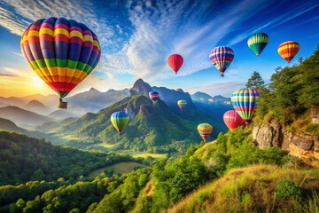 Naklejka premium Vibrant Hot Air Balloons Soaring Over Majestic Mountains in a Breathtaking Landscape, Perfect for Travel and Adventure Photography