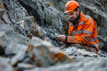A worker examines rocks in a quarry, demonstrating dedication to the mining industry.